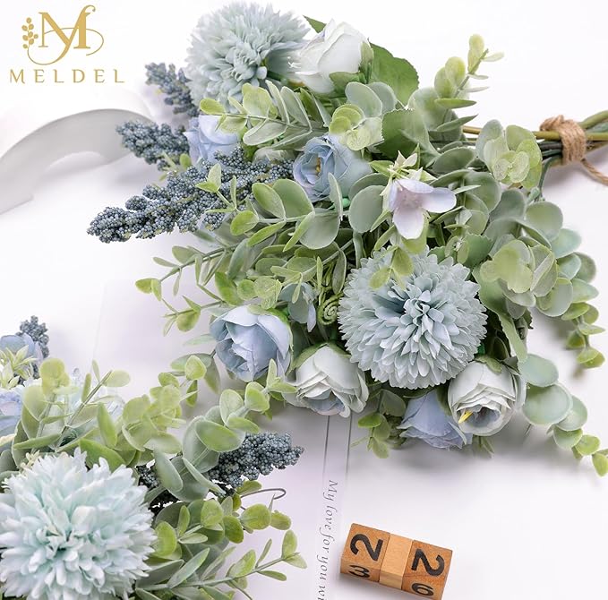 Meldel 3Pcs Rose Bouquet Blue Artificial Flowers Fake Eucalyptus Plants Silk Flower Arrangements Wedding Bouquets Decorations Plastic Floral Table Centerpieces for Home Kitchen Garden Party Decor
