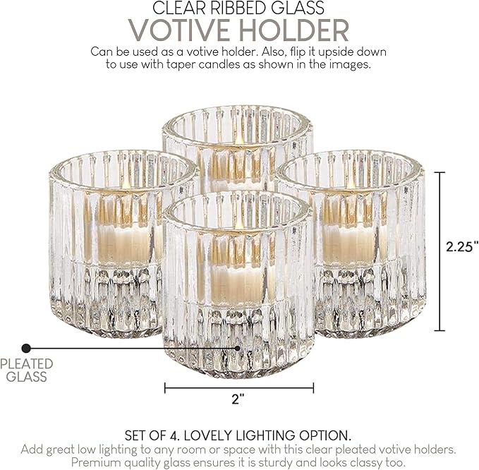 Serene Spaces Living Set of 4 Clear Ribbed Glass Votive Holders, Perfect for Weddings and Home Décor, Measures 2.25" Tall and 2" Diameter