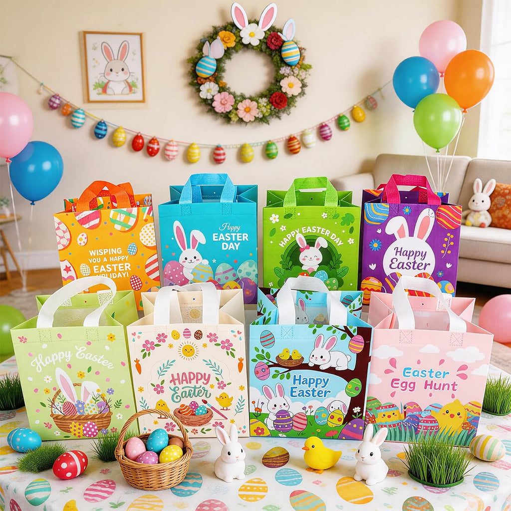 STARSIDE 8 Pack Easter Egg Hunt Bags with Handles for Kids - Reusable Non-Woven Cute Bunny Chick Carrot Tote Bags for Gift Wrapping, Easter Treats, Goodie Bags & Party Favors (7.09x5.91x7.87 Inches)