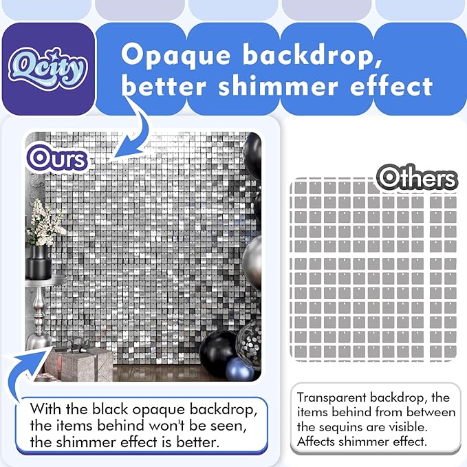 Qcity Silver Shimmer Wall Backdrop 30PCS, Black Back Not See-Through Design, Square Sequin Glitter Backdrop Panel, Perfect for Outdoor Events, Birthdays, Wedding and Party Decoration