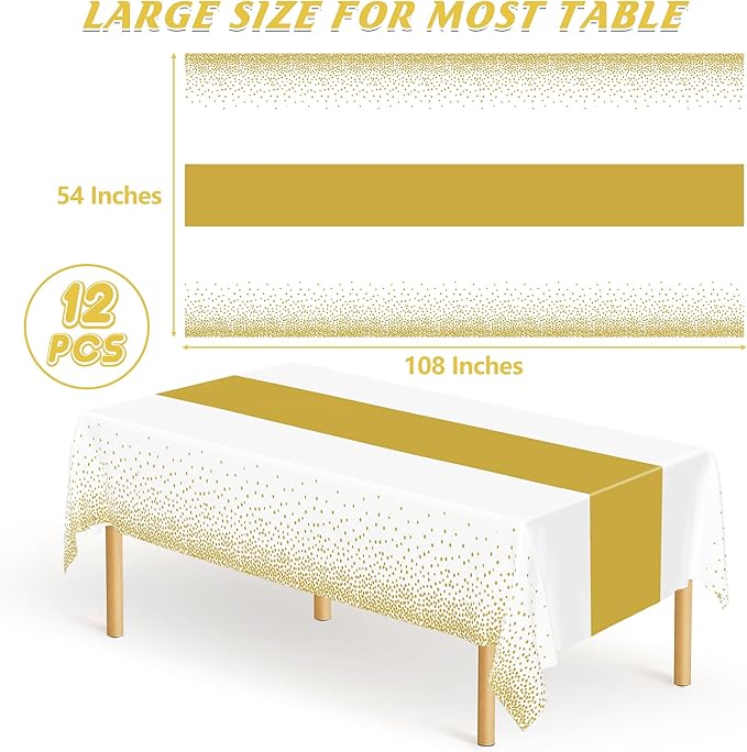 QZYL 12Pack Table Cloth Rectangle Tables, 54" x 108" Disposable Party White Table Cloths with Gold Dot, Waterproof Table Covers for Birthday Outdoor Wedding New Year Eve Birthday Decorations Supplies
