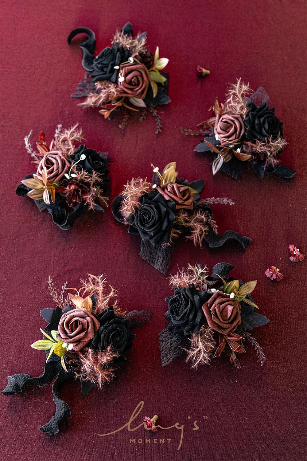 ling's moment 6pcs wrist corsage artificial flowers, black, close-up detail