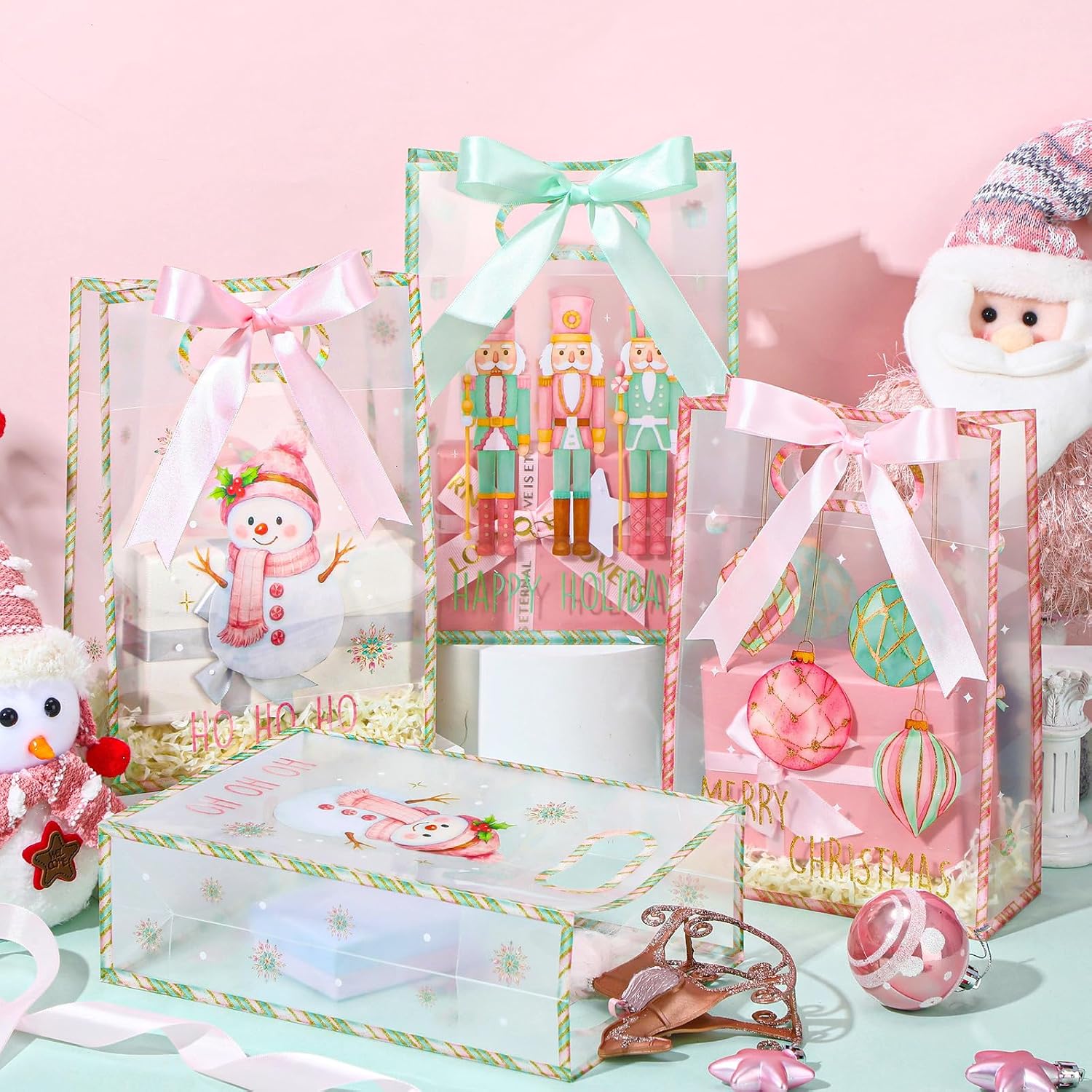 Aliceset 12 Pcs Pink Christmas Clear Gift Bags with Die Cut Handles Nutcracker Christmas Gift Bags with Ribbon 3 Assorted Pastel Styles for Holiday New Year Party Presents Giving Wrapping, 10x7x3.15''