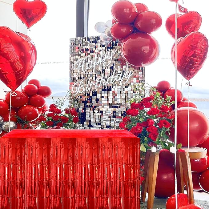 Red Streamers Party Decorations, 2 Packs Red Table Skirts Metallic Foil Fringe Tinsel for Birthday Graduation Valentine's Day Carnival Casino Wedding Float Parade Party Supplies - 29x108 Inch