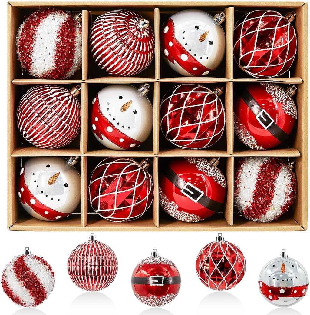 JORNOY Christmas Tree Ornaments Set of 12, 3.15inch/80MM Shatterproof Plastic Xmas Tree Ball Ornaments Bulk Decorative Hanging Baubles for Xmas Tree Decor Holiday Party Decorations, Red & White