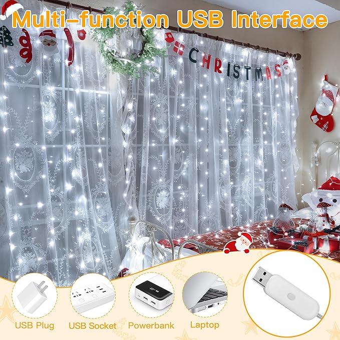 Ollny Curtain Lights 6.6x6.6ft, 200 LED White String Lights with Remote 8 Modes Dimmable Timer, USB Power Fairy Light for Bedroom Backdrop Indoor Wall Window Wedding Decor