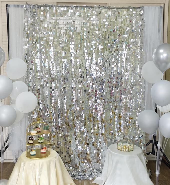 Silver Sequin Backdrop 8ft * 8ft 1 Panel, Shimmer Wall Backdrop Photobooth Props for Wedding, Anniversary, Birthday, Party Decorations