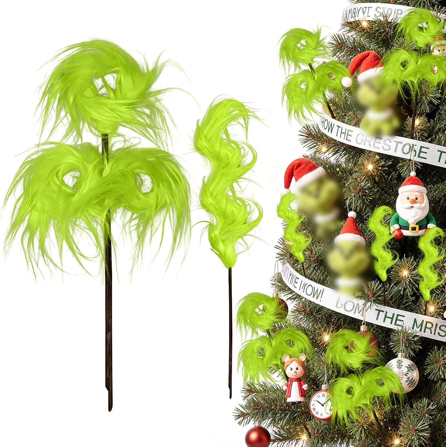 Christmas Tree Decorations, 10 PCS 17" Large Lime Green Furry Christmas Tree Topper Picks Decor Ornaments, Christmas Vase Fillers for Table Manle Gift Wrap, Xmas Home Holiday Decor