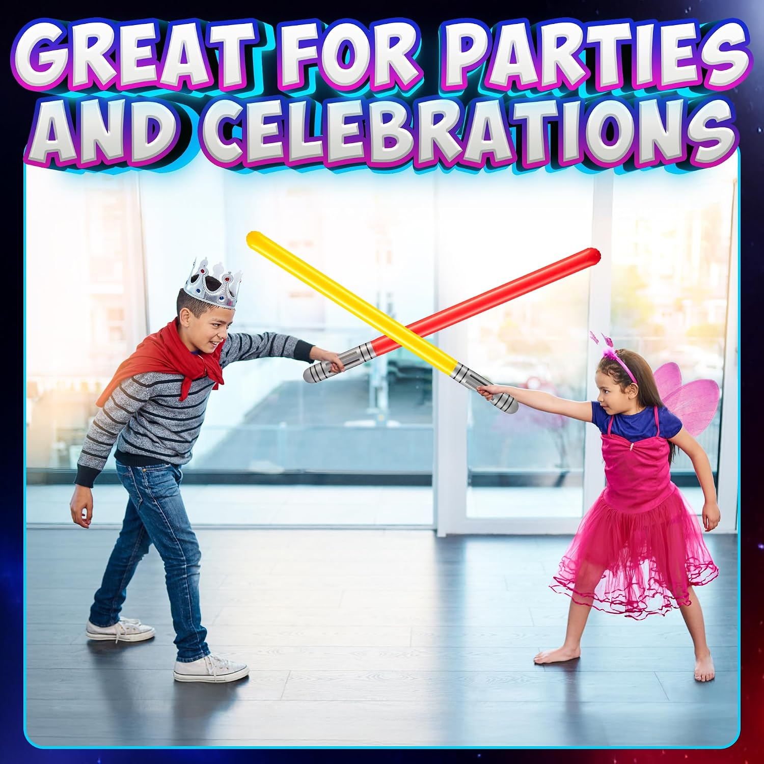 Bedwina Inflatable Saber Swords for Kids - (Pack of 12) 35-inch Neon Color Blow-Up Toy Saber Swords, Party Favors, Goodie Bags, Star Galaxy Theme Birthdays & Prize Toys