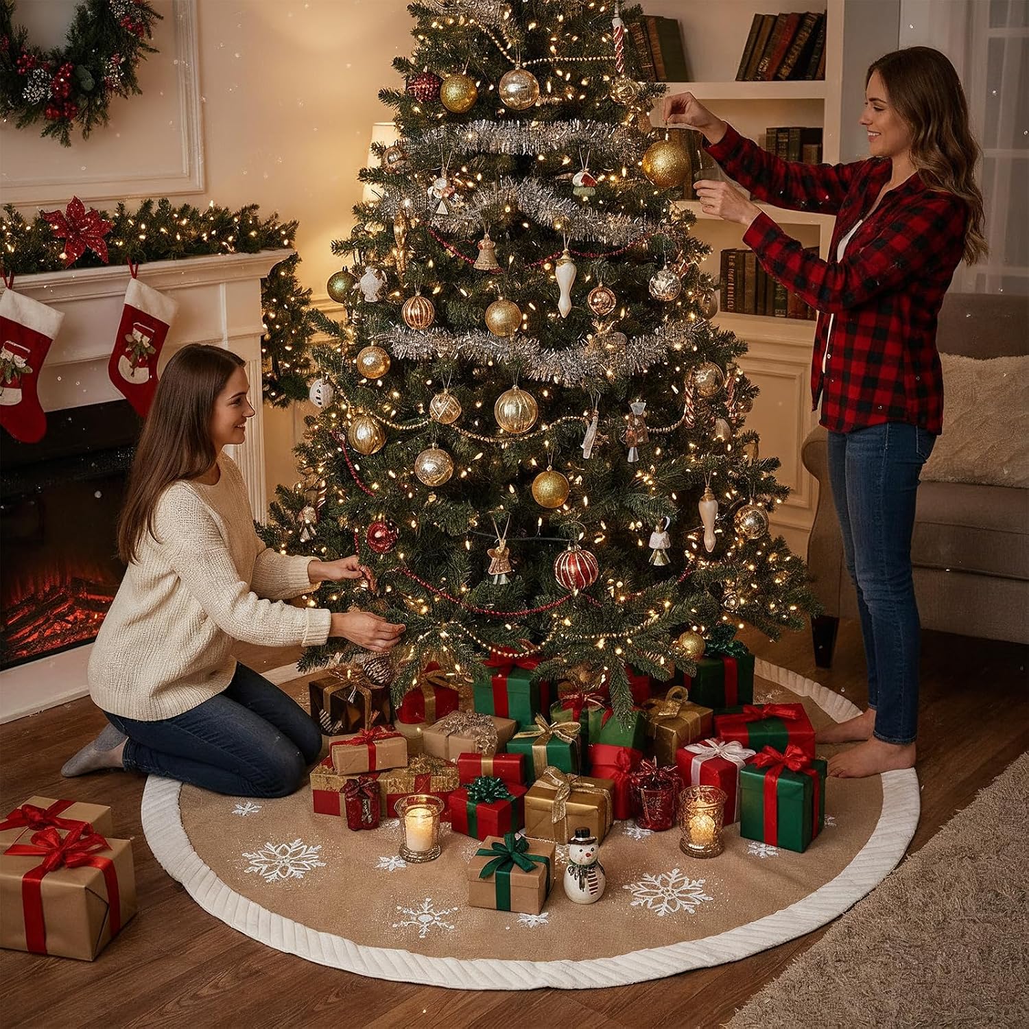 OurWarm Christmas Tree Skirt 60 inches, Burlap Tree Skirt for 7.5 ft Tree to 9 ft Tree, Large Snowflake Tree Skirt with Faux Fur, Xmas Tree Skirts for Winter Indoor Holiday Christmas Tree Decor