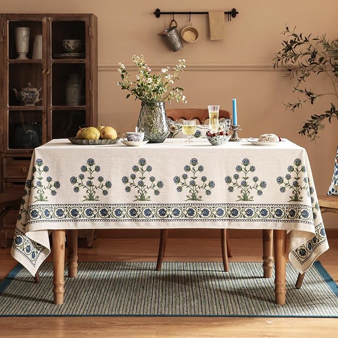 patdrea Designer Blue Square Tablecloth Table,Vintage Linen Leaves Floral Pattern Floral Tablecloths,French Table Cover Cloth Fall Decor for Kitchen Dining Christmas,Thanksgiving,67"x67"-Ivar B