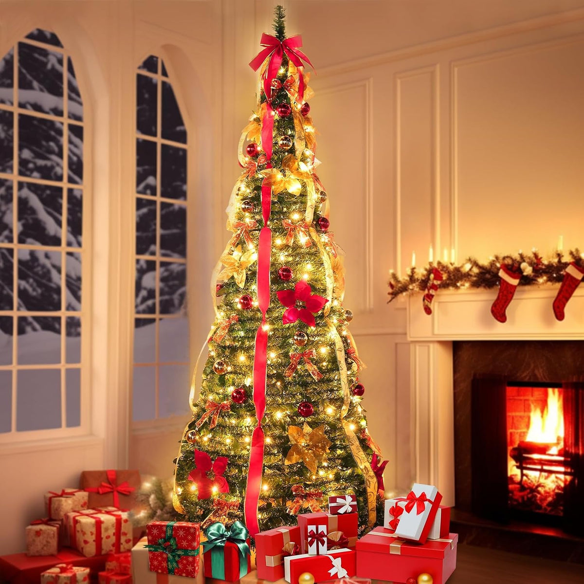 6.5 ft pop up christmas tree,prelit 200 warm, side view