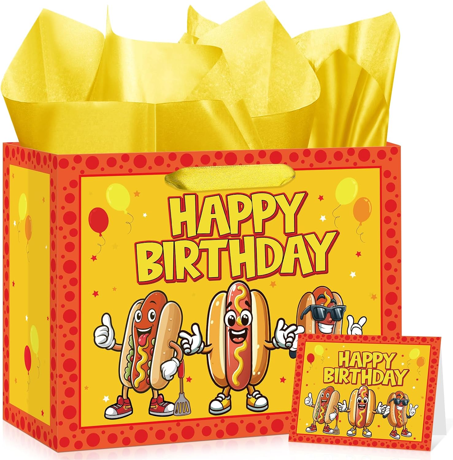 Cartoon Hot Dog Birthday Gift Bag Funny Hot Dog Themed Birthday Wrapping Paper Bag with Tissue Paper Card for Kids Adults Picnic BBQ Sausage Food Snacks Hotdog Bday Baby Shower Party Supplies