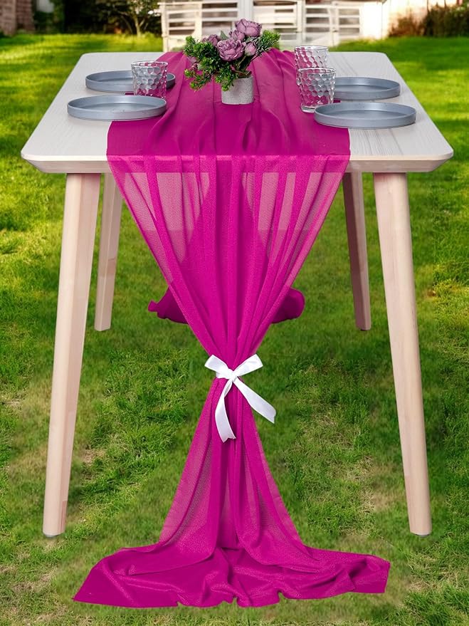 MDS 2 Pack 14ft Chiffon Table Runner 29 x 170 Inches Sheer Wedding Runner Romantic Rustic Table Runner for Wedding Decorations, Birthday Parties, Bridal Shower Party Arch Decor - Magenta