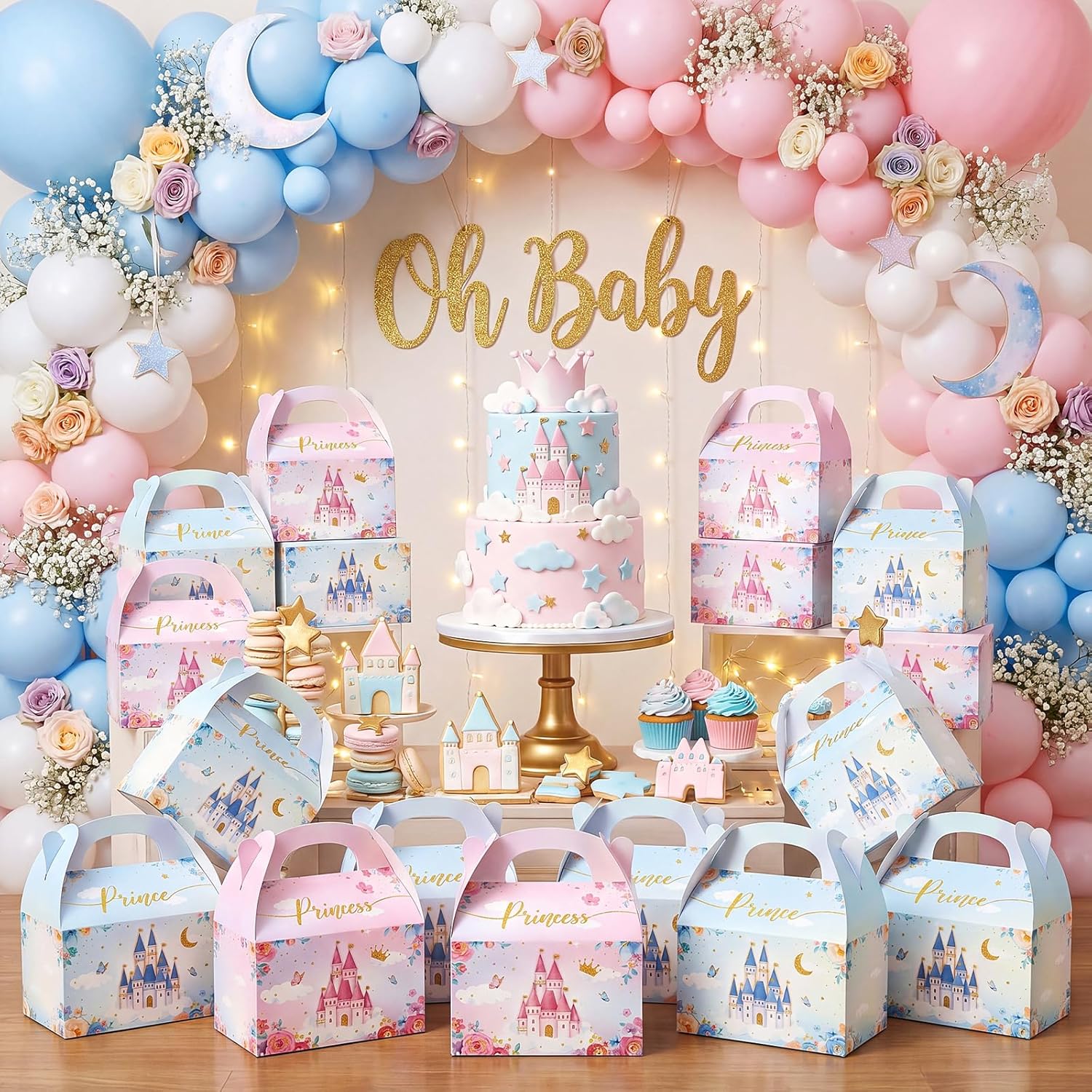Nezyo 60 Pcs Princess and Prince Treat Boxes - Pink & Blue Crown Cardboard Goodie Boxes for Birthday Party Favors (Prince and Princess)