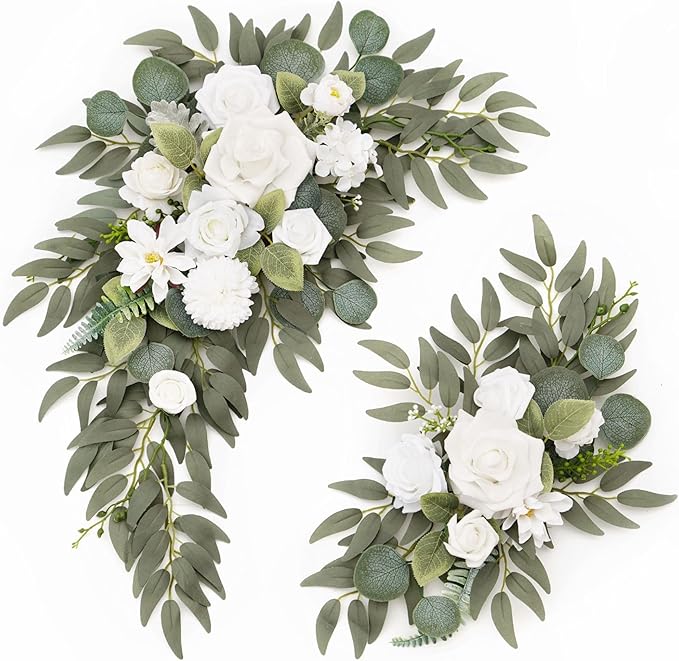 Wedding Sign Faux Flower Swag (Pack of 2) for Ceremony Party Reception Entrance Floral Decor Wall Easel Stand for Wedding Poster Welcome Sign (Natural White)