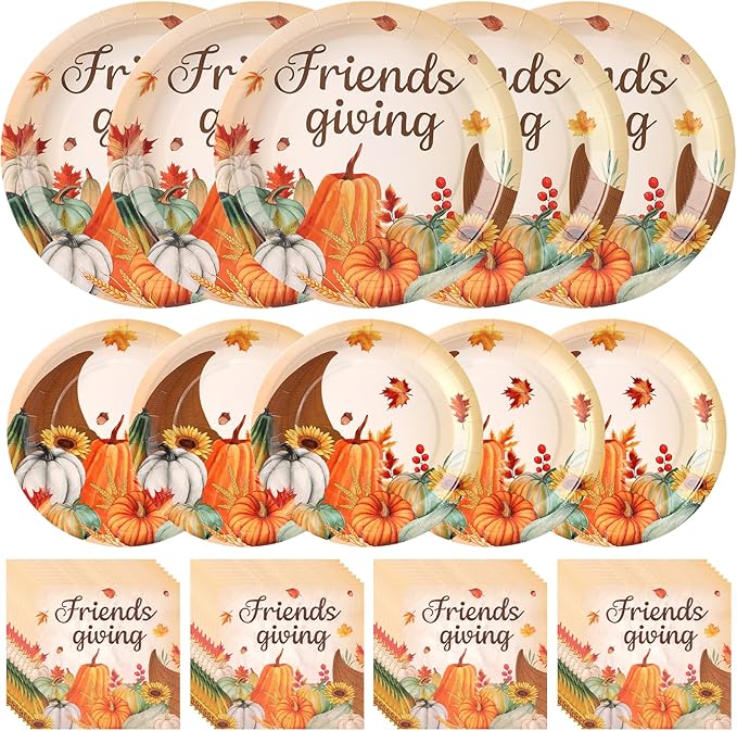 Friendsgiving Plates and Napkins Sets for 50 Guests, Thanksgiving Paper Plates and Napkins Party Supplies for Thanksgiving Friendsgiving Party Decorations