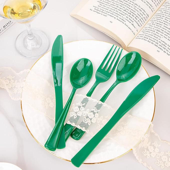 Heavy Duty Christmas Silverware - WDF 160 Pcs, Green Plastic Includes 80 Forks, 40 Spoons, 40 Knives; Perfect for Parties or Daily Use