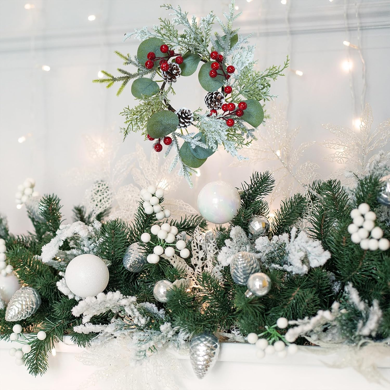 Winlyn 4 Pcs Artificial Eucalyptus and Snowy Cedar Candle Rings Christmas Candle Holder Rings Mini Window Wreaths 12.2" Wide with Red Berries Pine Cones for Holiday Winter Wedding Seasonal Decoration