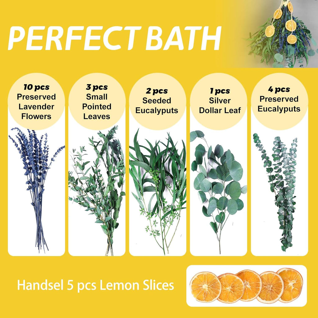 5 Kinds Mix Dried Eucalyptus & Lavender Flowers Bundle for Shower , 15''-17''Natural Real Fresh Preserved Eucalyptus Leaves and Lemon Hanging Plants, Home Bathroom Decor, Fragrance