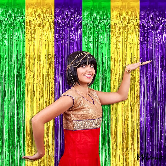 4 Pack 3.2Ft x 6.6Ft Mardi Gras Fringe Curtain Backdrop, Gold Green Purple Metallic Tinsel Foil Fringe Streamers Curtains Background for Photo Booth Birthday Wedding Carnival Party Decorations