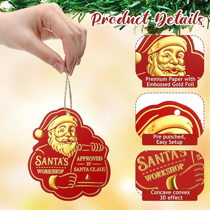 36 Pcs Christmas Gift Tag with String 3D Santa Gift Tag Gold Foil Present from Santa Claus Premium Gold Tags for Kids Christmas Party Decor(Vintage)