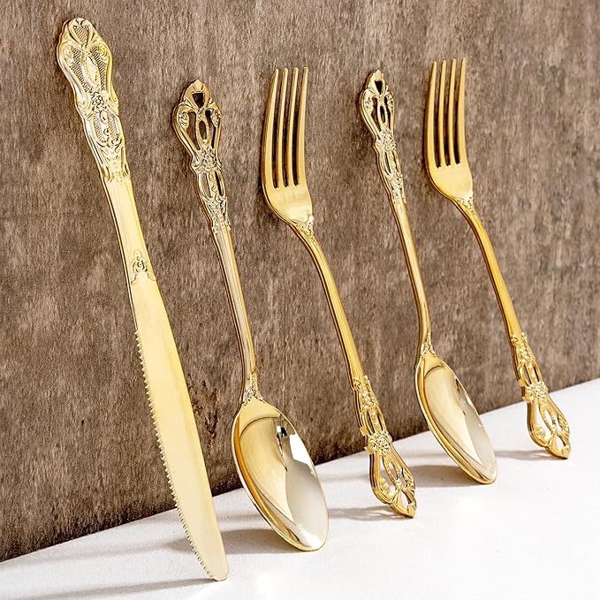 200PCS Gold Plastic Silverware - Heavy Duty Elegant Disposable Utensils - Gold Plastic Cutlery Set Includes 100Forks, 50Spoons, 50Knives for Dinner, Parties, Weddings