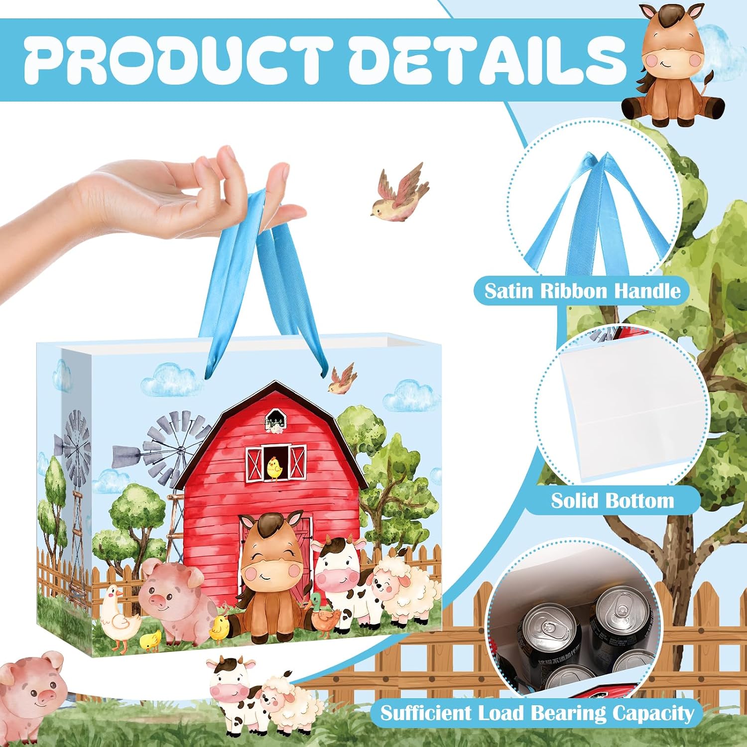 Farm Animals Theme Birthday Gift Bag for Boys Baby Shower Blue Farmhouse Barnyard Gift Bag Wrapping Paper Card Large Cows Pigs Gifts Bag for Baby Shower Farm Birthday Party Favors Supplies