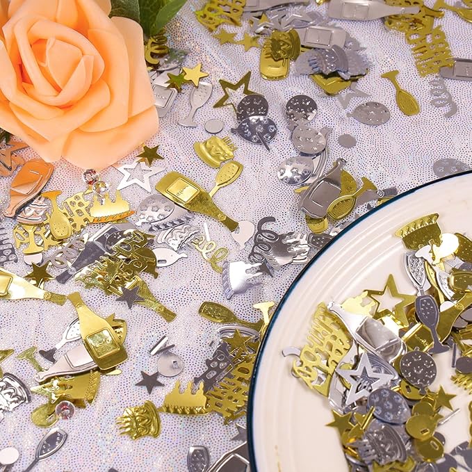 VHUWE Happy Birthday Confetti, 1.6 oz Champagne Gold Silver Cake Balloon Star Goblet Bottle Swirl Glitter Confetti for Boys Girls Kids Women Men Happy Birthday Party Table Decorations Supplies