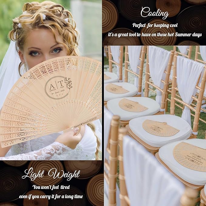 10 PCS Custom Fans Personalized Folding Fans for Line Dancing Wooden Hand Fan Wedding Favors Bulk Fans for Guests Party Event Use (Style06)