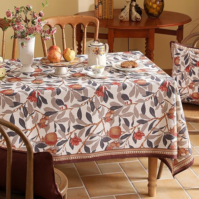 patdrea Designer Vintage Long Rectangle Tablecloth,Linen Pomegranates and Leaves Pattern Tablecloths,Fall Table Cover Cloth Decor for Kitchen Dining Christmas,Thanksgiving,63"x94"-Tehran a