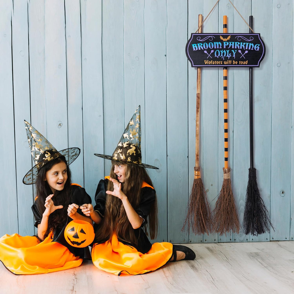 JOYIN Halloween Broom Parking Sign with 3pcs Wooden Witches Brooms, Halloween...