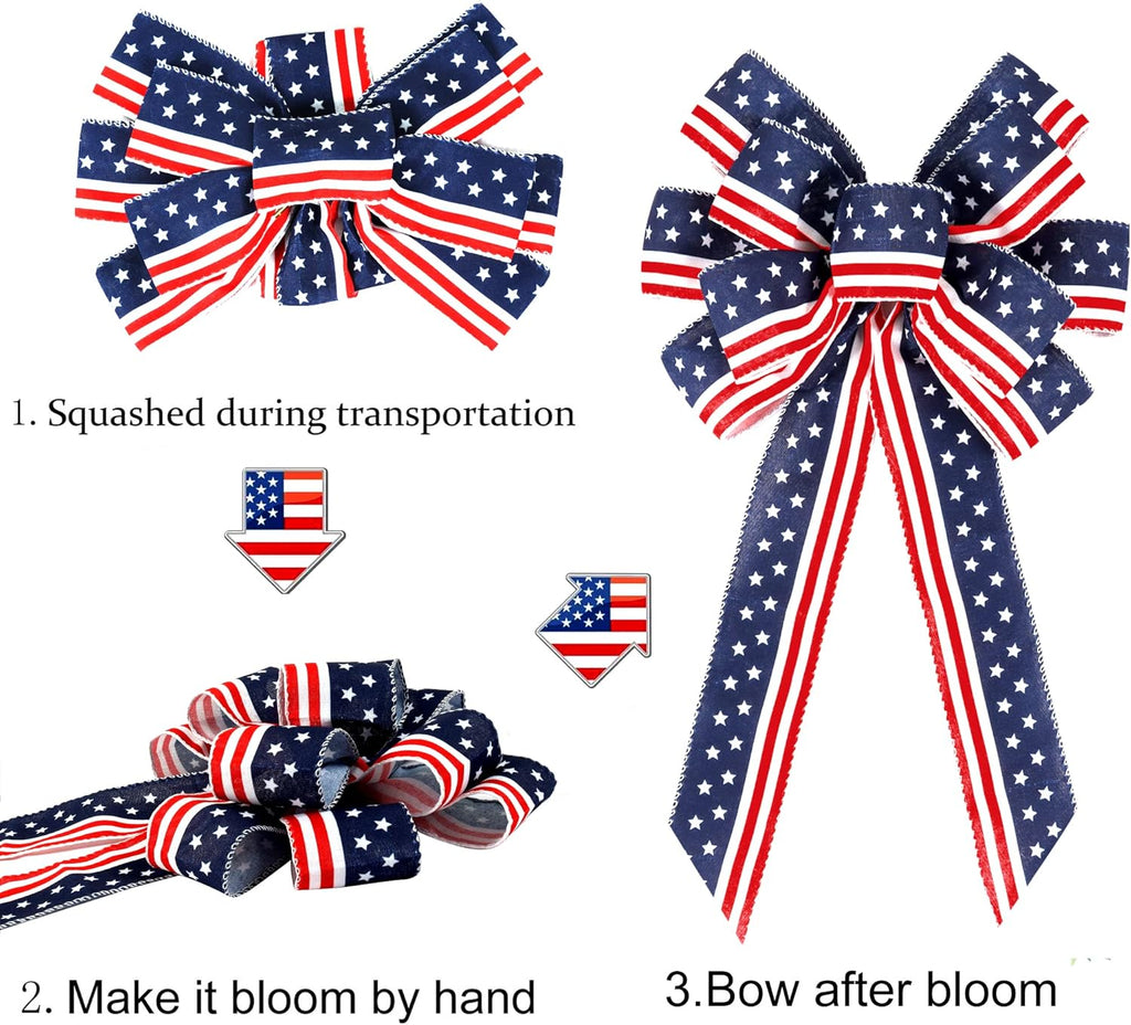 2 Pack 4th of July Decor Bow for Wreath,Red White Blue Stripe Stars Tree Topper Bows for Patriotic,Independence Day,Memorial Day,Veteran's Day,Front Door Indoor Outdoor Decorations