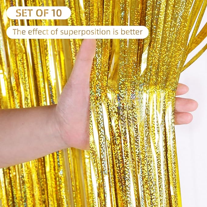 10 Pack Gold Backdrop Curtain 3.2ft x 8.2ft Metallic Tinsel Foil Fringe Curtains Photo Booth Background for Birthday Party Decoration Baby Shower Engagement Wedding Christmas Decoration (Gold)