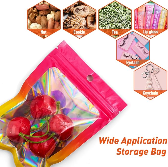 Funfery 100 Pack Gradient Holographic Bags,Resealable Bags with Zipper,Clear Window Packaging Pouchs,Foil Bag for Food Storage,Sample Jewelry Baggies(3×4.7In,Hot Pink Orange)