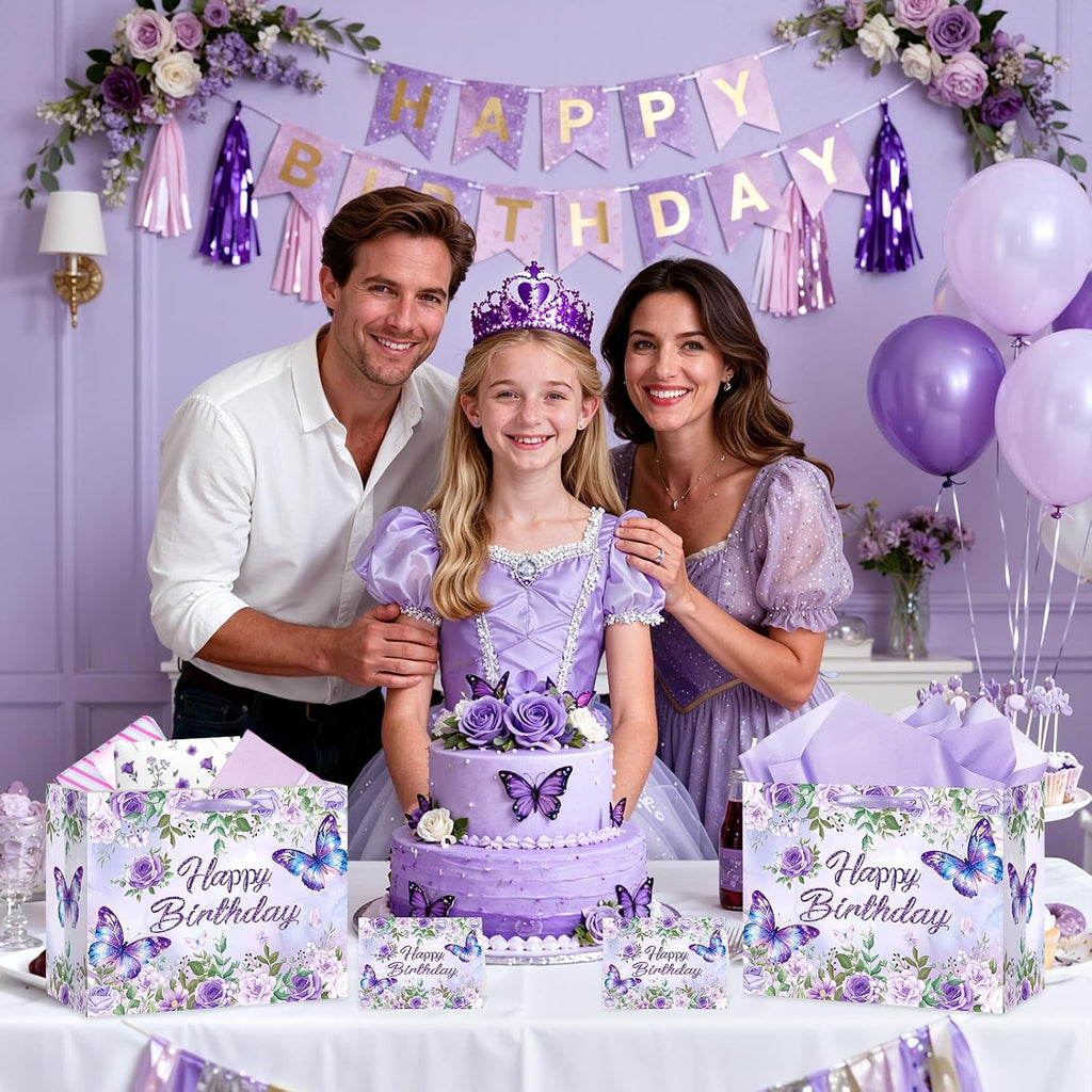 LUUFILx Butterfly Birthday Gift Bag for Girls Women Butterfly Flower Party Favor Bags with Wrapping Paper Card Purple Pink Floral Gift Bag for Baby Shower Birthday Decorations Party Supplies (Floral)