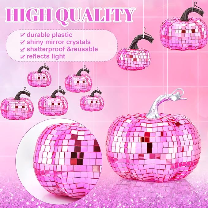 Lenwen 12 Pcs Artificial Disco Pumpkin Glitter Mirror Pumpkin for Decorating Fall Farmhouse Hanging Ornament Harvest Decor for Halloween Thanksgiving Table Centerpiece(Bright Pink)