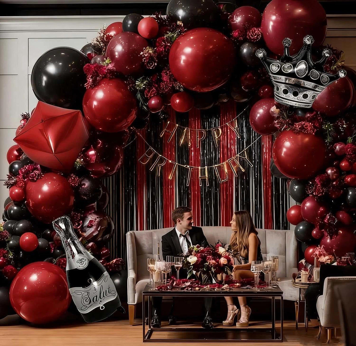 red black party balloon kit 2pack foil fringe, package contents