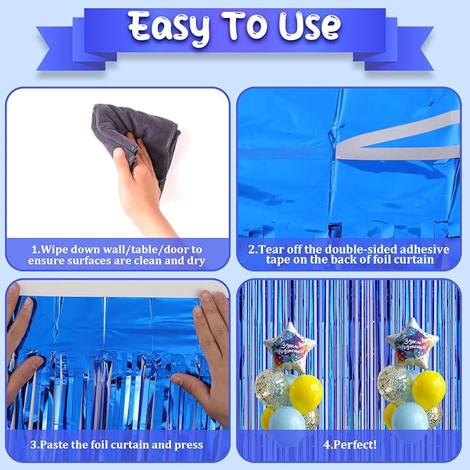 2 Pack Blue Foil Fringe Backdrop Curtains, Tinsel Streamers Birthday Party Decorations, Fringe Backdrop for Graduation, Baby Shower, Gender Reveal, Disco Party