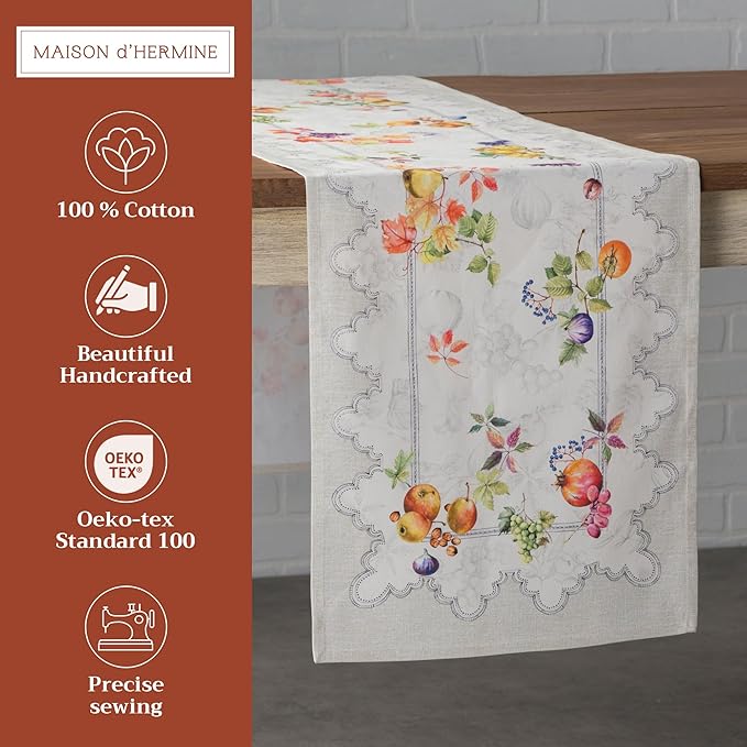 Maison d' Hermine Table Runner 100% Cotton Single Layer Table Runners 108 inches Long for Thanksgiving Christmas Decorations Home Kitchen Dining Party Wedding (Fruit D'Hiver, 14.5" x 108")