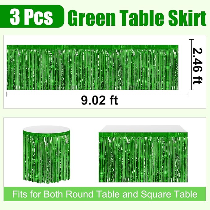 3 Pack 29 x108 Inch Green Foil Fringe Table Skirts Metallic Banner for Tinsel Streamer Garland Backdrop for Parade Floats Wedding Thanksgiving Birthday Christmas Halloween New Year Party Decoration
