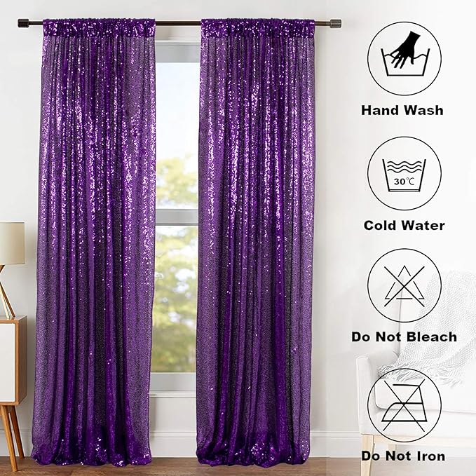 ShinyBeauty Sequin Curtains 2 Panels Purple 2FTx8FT Sequin Photo Backdrop Royal Purple Sequin Backdrop Curtain Pack of 2 Shimmer Fabric Backdrop Party Photographic Studio Photo Backgrounds