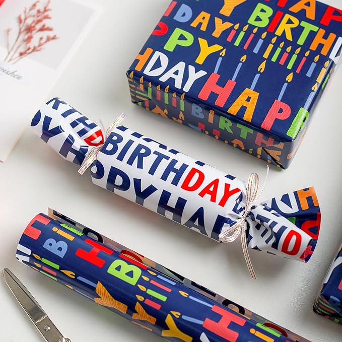 Yarcony Reversible Birthday Wrapping Paper Roll - 17 Inch X 16.5 Ft(23.4 Sq.Ft.Ttl) - Creative Colorful Happy Birthday Lettering & Candle Navy Blue Gift Wrap for Party, Baby Shower & Holiday