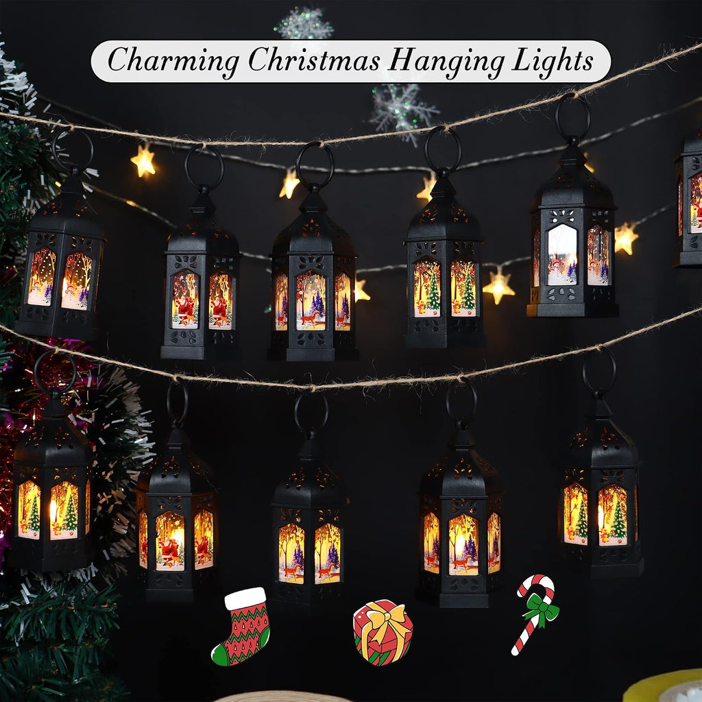LLQ 12Pcs Christmas Decorations Mini Lanterns with Xmas Pattern & Flicker LED Candles, Vintage Christmas Centerpieces, Black Lantern Decorative, Small Candle Holder for Holiday Party Table, Ornaments