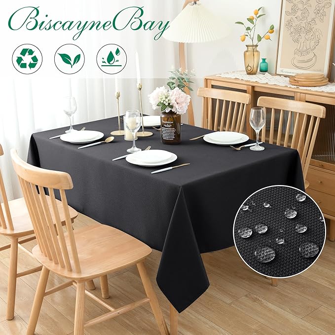 Biscaynebay Textured Fabric Tablecloths 60x84 Rectangular, Black Water Resistant Spill Proof Tablecloths for Dining, Kitchen, Wedding and Parties, Machine Washable