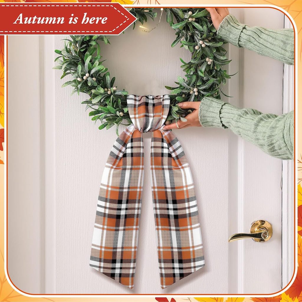 VitalCozy 2 Pcs Wreath Sash for Front Door, Fall Thanksgiving Plaid Wreath Sash Accessories Garland Ribbon for Embroidery Monogram Outdoor Indoor Wall Autumn Holiday Decor Yard Doorway