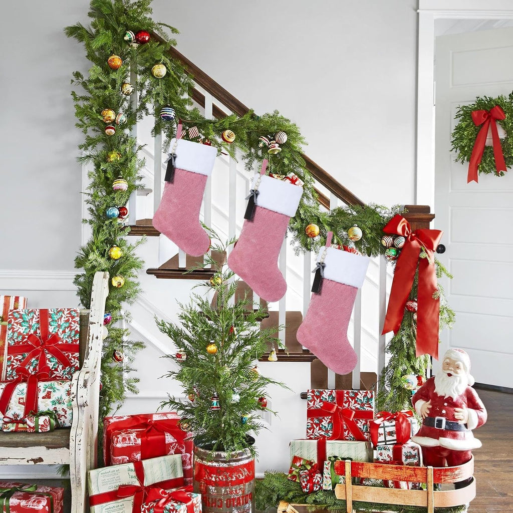 Pink Velvet Quilted Personalized Christmas Stocking,19.5 Inch Fireplace Hanging Stockings with Blank Wooden Tags DIY Name,Family Holiday Decorations and Xmas Gift- 6Pcs