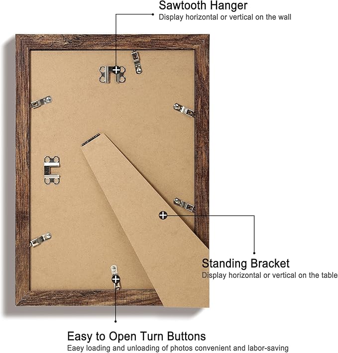 8x12 Picture Frame Set of 4 with High Definition Real Glass, Display 6x8 Pictures with Mat or 8 x 12 Without Mat, Rustic Wood Photo Frames for Tabletop and Wall Mounting