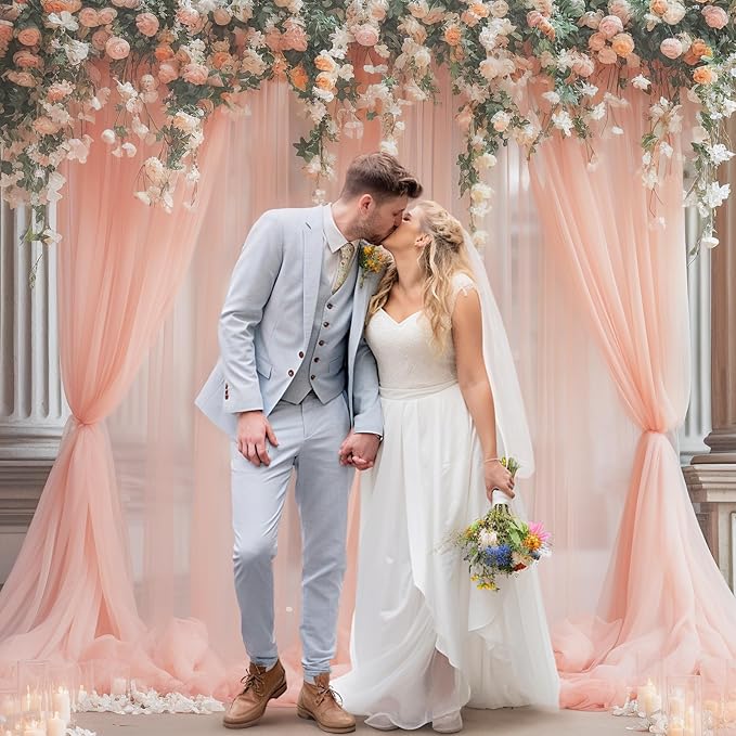 20ft X 10ft Peach Tulle Backdrop Curtain for Parites, Sheer Backdrop Curtains Fabric Drapes for Wedding Ceremony Arch Party Stage Decorations