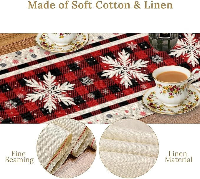 Snowflakes Christmas Table Runner,Red Buffalo Plaid Seasonal Winter Kitchen Dining Table Decoration for Home Party Decor 13x70 Inch